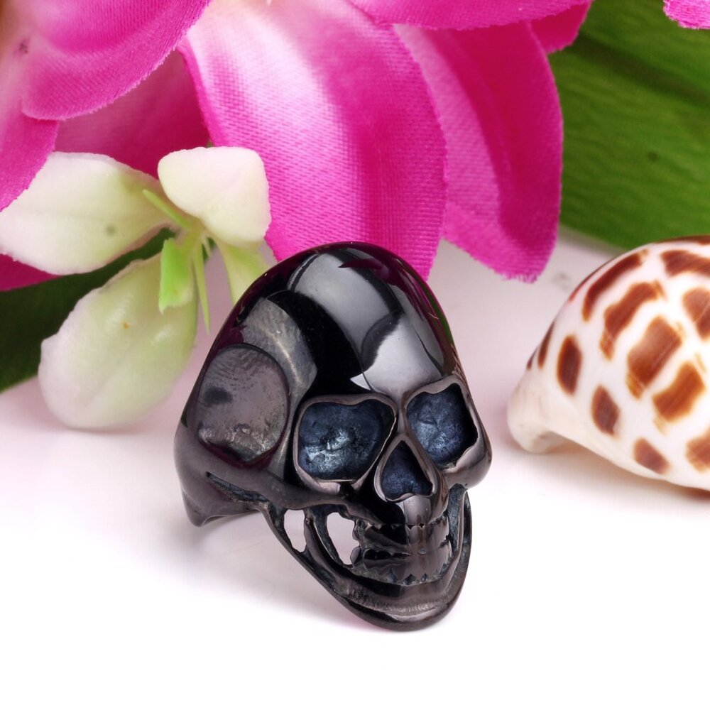 Gothic Punk Stainless Steel Skull Ring for Men - Black